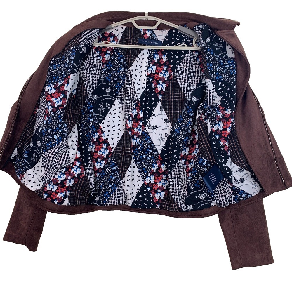 Tommy‎ Hilfiger Women's Faux Suede Moto Jacket Brown Full Zip Paisley Size XXL